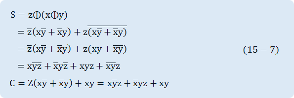 S=z⨁(x⨁y),=¯z (x¯y+¯x y)+z¯((x¯y+¯x y)),=¯z (x¯y+¯x y)+z(xy+¯x ¯y),=x¯y ¯z+¯x y¯z+xyz+¯x ¯y z,C=Z(x¯y+¯x y)+xy=x¯y z+¯x yz+xy